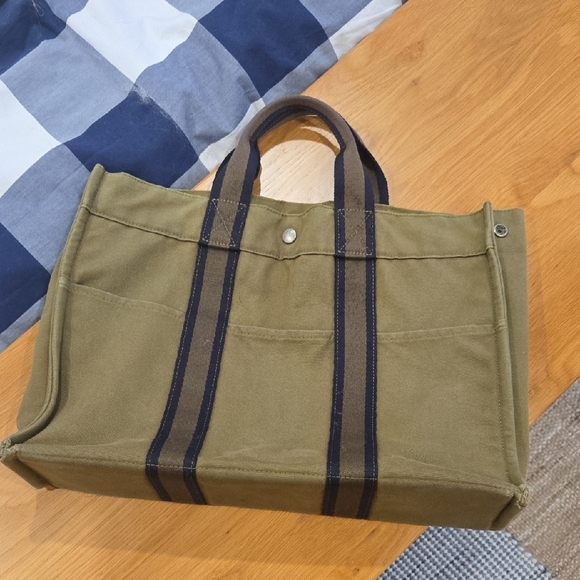 Hermes Green Canvas Tote with Navy Stripes, French Chic, Unisex, GUC - Picture 4 of 11